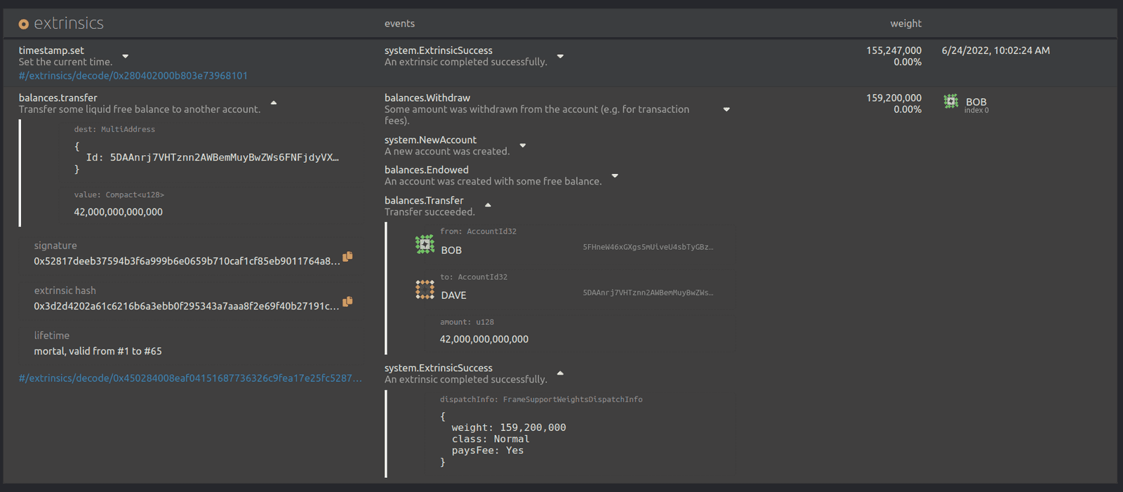 Bob to Dave `transfer` 42 unit result